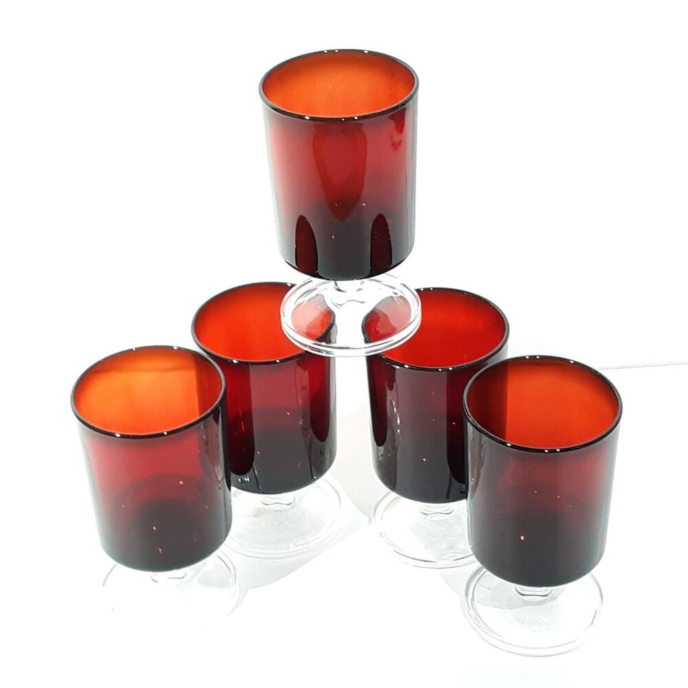 Ruby Red Luminarc Cavalier 5 Glasses 3oz Footed MCM Vintage Cordial /Sherry
